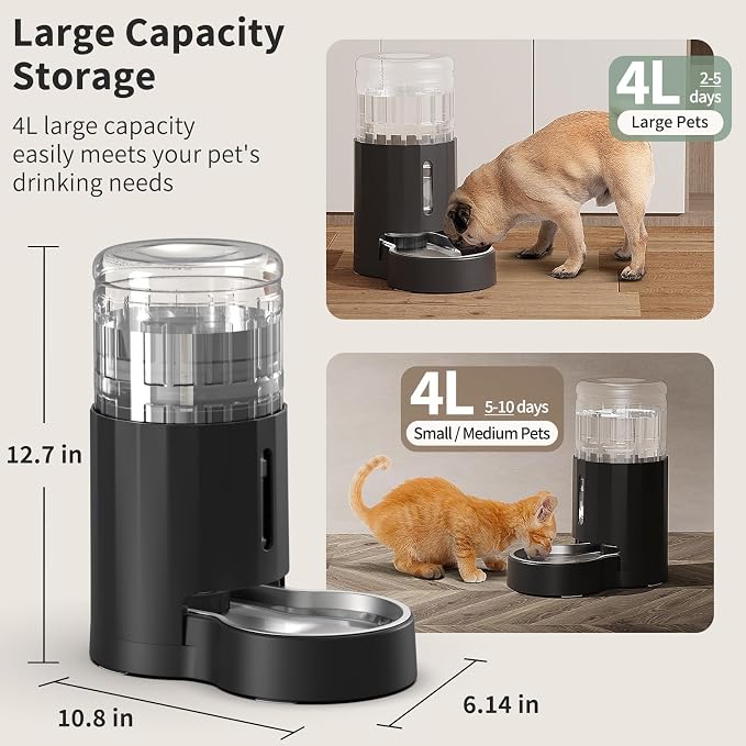JUNSPOW Cat Water Dispenser with Filter and Stainless Steel Bowl, Automatic Gravity Water Dispenser for Cats or Small Medium Size Dogs, Large Capacity, Easy to Clean and Safe for Pets (4L Black)