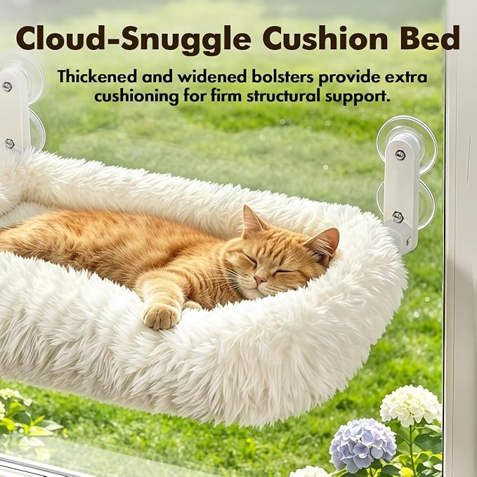 Zoratoo Cloud-Snuggle Cat Window Perch with 4-Sided Ultra-Thick & Fluffy Plush Cushion Bed, Foldable Cordless Cat Window Hammock for Window with Sturdy Metal Frame for Large Cats and Kittens (L,White)