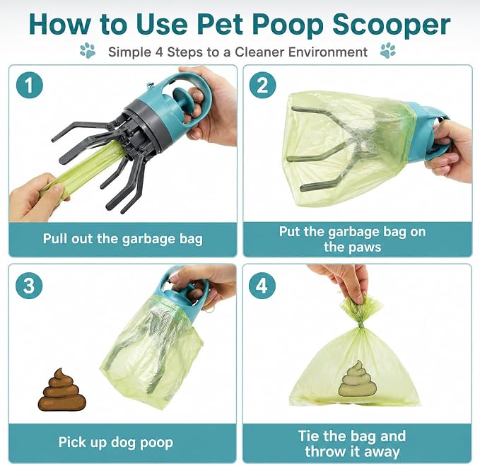 Portable Dog Poop Scooper with Built-in Bag Dispenser One Hand Pet Waste Picker, Lightweight Dog Waste Grabber with 15 PCS Waste Bags for Walking, Yard & Travel