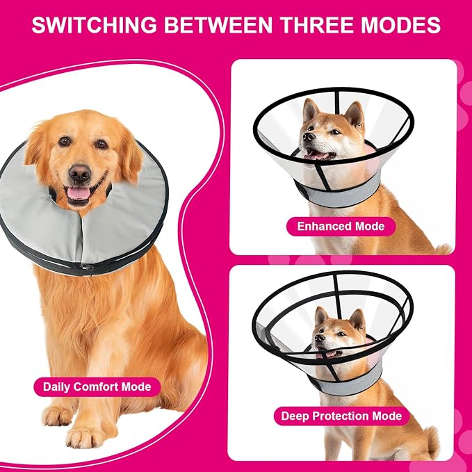 Sponge Core Dog Cat Cone Collar for After Surgery Recovery, Inflatable Dog Cone Alternative, Lainergie Dogs Donut Collar Adjustable with 2PCS Cover for Large Medium Small Dogs Cats (Grey+Pink, XL)