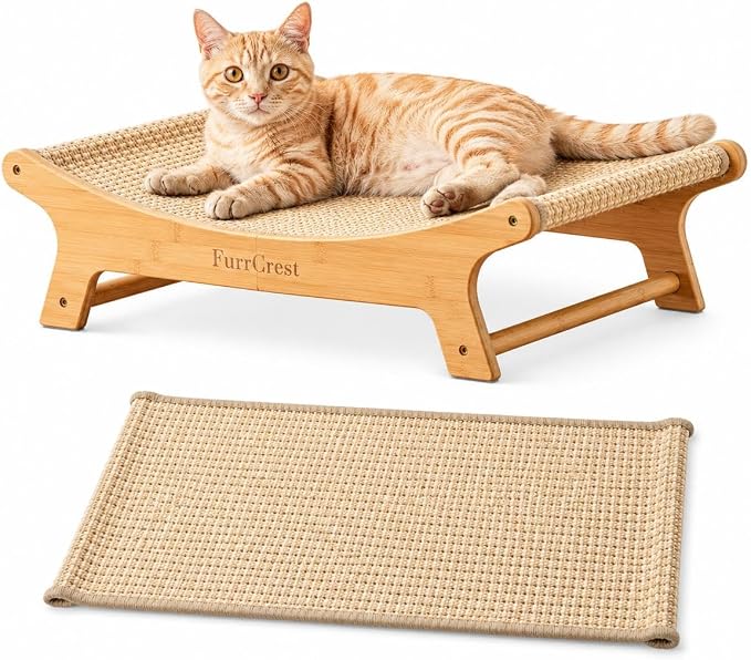 XL Cat Scratcher Bed + Replacement Sisal Pad Bundle – Elevated Cat Hammock Lounge, FSC Bamboo Frame, Natural Sisal Cat Scratcher for Indoor Cats, No-Wobble, Large Cat Bed, Natural Grey
