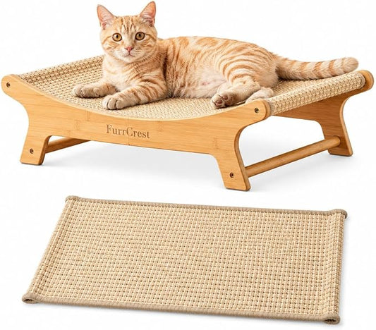XL Cat Scratcher Bed + Replacement Sisal Pad Bundle – Elevated Cat Hammock Lounge, FSC Bamboo Frame, Natural Sisal Cat Scratcher for Indoor Cats, No-Wobble, Large Cat Bed, Natural Grey