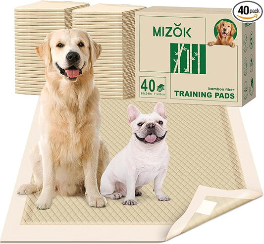 MIZOK Dog Pee Pads Extra Large 28"x34", Bamboo Puppy Pads Super Absorbent & Leak-Proof, 4-Corner Adhesive Tabs, Wee Wee Pads for Dogs, Superior Odor Protection, XL (40 Counts)