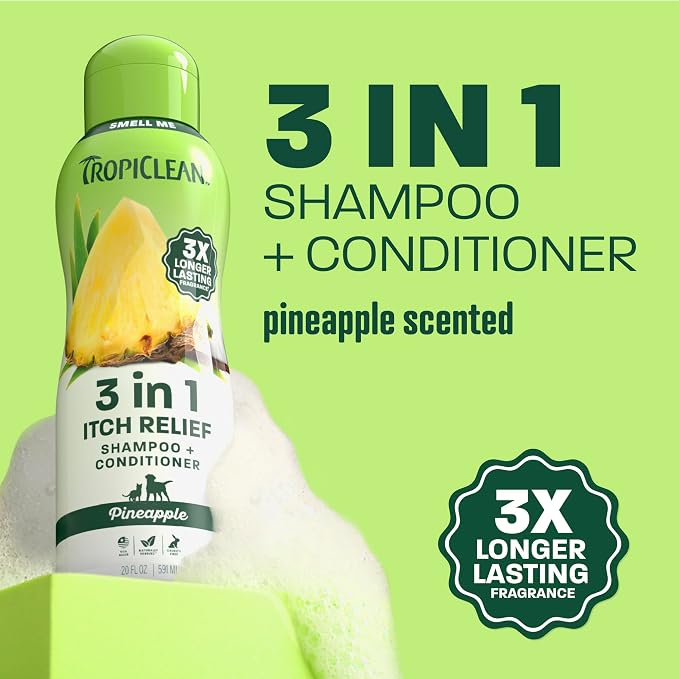 TropiClean Itch Relief Dog Shampoo, Powerful Odor Control, Long-Lasting Pineapple Scent, Puppy Safe, Made in The USA, Cat Friendly, 20oz.