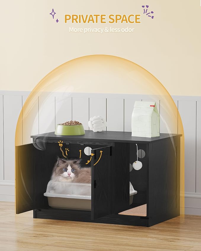 Hzuaneri Cat Litter Box Enclosure, Hidden Litter Box Cabinet Furniture with Bell, Indoor Cat House, Farmhouse Style, 31.5 x 19.7 x 20.9Inches, for Hallway, Bedroom, Black CB82404X
