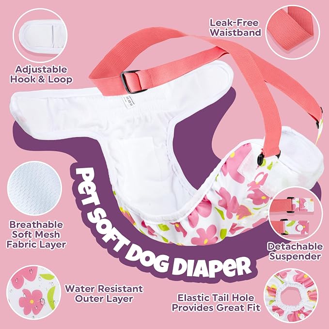 Pet Soft Dog Diapers Female with Suspenders, 3 Pack Reusable Female Dog Diapers for Heat, Dog Period Panties for Doggie in Cycle(Small, Flowers)