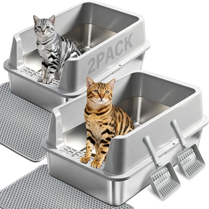 2PACK Stainless Steel Litter Box, XL Metal Cat Litter Box with Lid High Sides, Extra Large Litter Boxes for Big Cats, Anti-Urine Leakage, Non-Sticky, Scoop and Mat Included