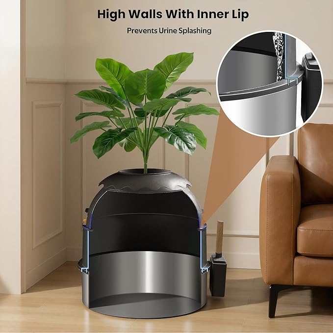 Hidden Litter Box, Stainless Steel Litter Box with Faux Plant Decor, Litter Box Enclosure with Clear Front Door, Includes Scoop & Litter Mat, Odor Control, Easy to Clean (Black)