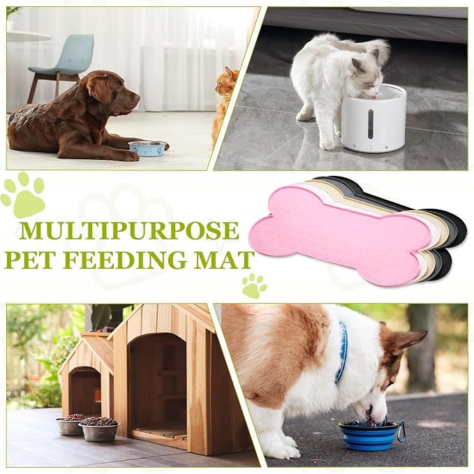 Dog Food Mat, 20x10 Inch Silicone Pet Feeding Mat Non-Slip Bone Shaped Waterproof Dog Water Bowl Tray Raised Edge Protects Floors (Black), Intended for Pets Bowl/Fountain