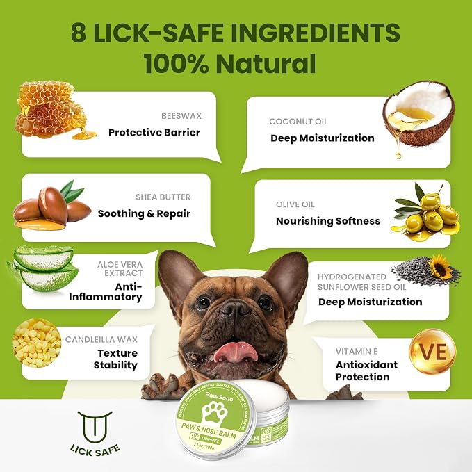 PawSono Lick-Safe Dog Paw & Nose Balm with Coconut Oil | All-Natural Moisturizer & Soother for Dry, Cracked Pads & Snout | Summer Hot Pavement & Sand Paw Wax, Nose Butter for Bulldogs (7.1 oz / 200g)