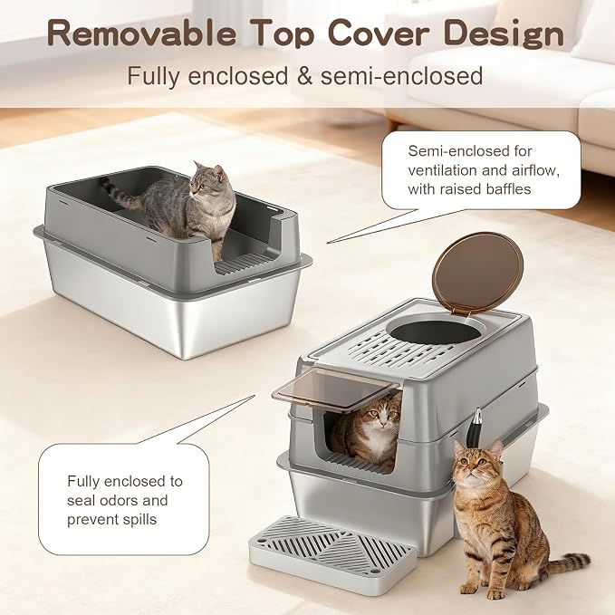 Stainless Steel Cat Litter Box with Lid, XL Enclosed Covered Litter Box for Large Cats, Front Entry Top Exit, High Sided Metal Litter Box, Odor Control, Leak Proof, Scoop & Pedal Included