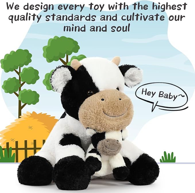Tezituor 2-in-1 Large Cow Stuffed Animals, 20 inch Big Stuffed Mommy Cow with Cute Baby Cow Plush Toy Hugging Soft Plush Pillow for Boys Girls