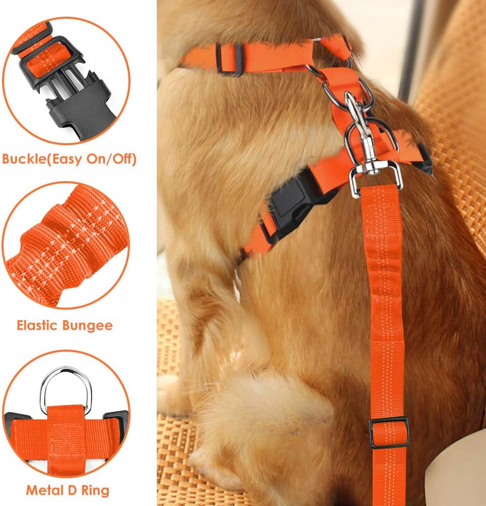 Lukovee Dog Seat Belt - Adjustable Dog Car Harness for Large, Medium & Small Dogs, Soft Padded & Breathable Mesh Dog Seatbelt with Vehicle Connector Strap (Orange, XX-Small)