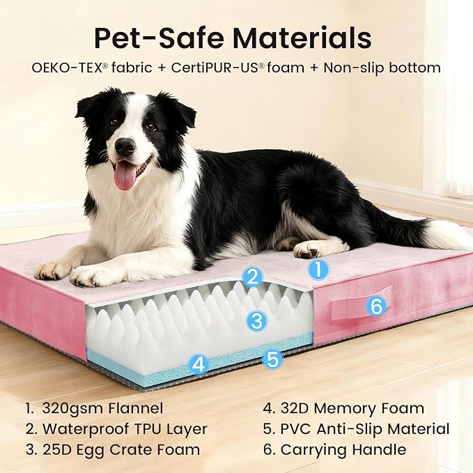 OhGeni Orthopedic Waterproof Dog Bed for Medium Large Dogs, Machine-Washable Removable Cover in Easy-Clean Fabric, Reversible Memory Foam & Easy-Carry Handle, Suitable for Crate, 35 inch (Pink)