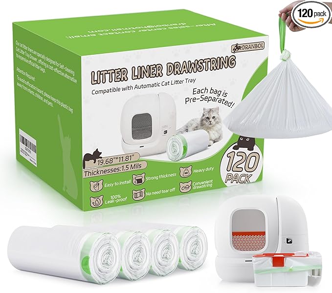 120 Pack 21.7" * 11.8" Cat Litter Bags for Pura Max 2 & Max & X, Extra Thick, Heavy Duty Drawstring Litter Box Liners, Leak-Proof Disposable Replaced Litter Bags for Self-Cleaning Cat Litter Box