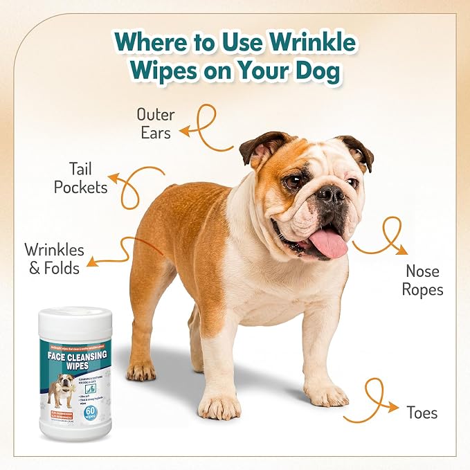 Dog Face Wipes 120 Count Dog Grooming Wipes for Wrinkly Breeds, Gentle Facial & Paw Cleaning, Deodorizing for French Bulldog, English Bulldog, Pugs & More