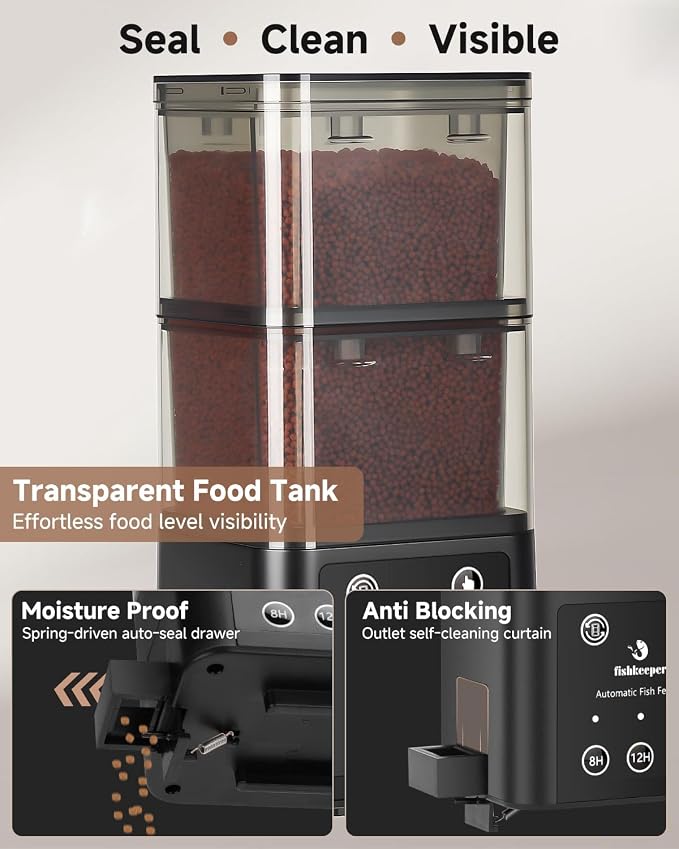 fishkeeper Automatic Fish Feeder for Aquarium - 520ML Large Capacity Adjustable Fish Feeder Automatic Dispenser with Timer for Vacation, Weekend or Daily Use, Three Fixed Methods