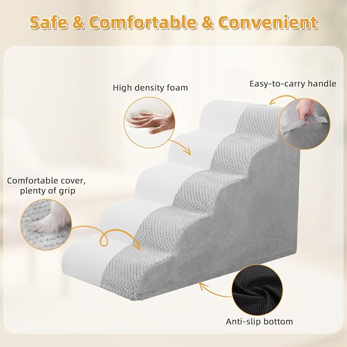 Dog Stairs Ramp, Curved 5-Step Dog Steps for Small Dogs and Cats, Pet Stairs for High Beds and Couch with Anti-Slip Washable Cover and Durable High Density Foam, Grey