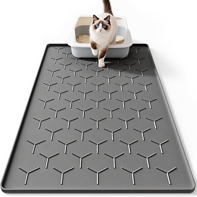 Bulkniu Large Silicone Cat Litter Mat, Waterproof/Urineproof, Litter Recycling, Easy to Clean, Soft on Kitty Paws (22"X34"-Dark Grey)