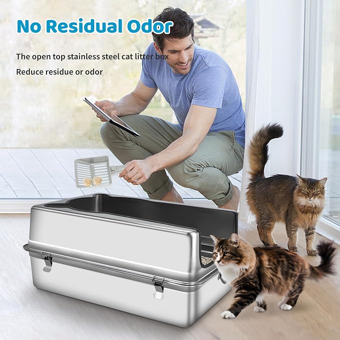 Extra Large Stainless Steel Cat Litter Box, 27.5" L x 19.7" W x 12" H XXXL Semi Enclosed Removable Metal Litter Tray with High Sided Enclosure, Scoop, Anti-Leakage, Non-Sticky, Easy Cleaning