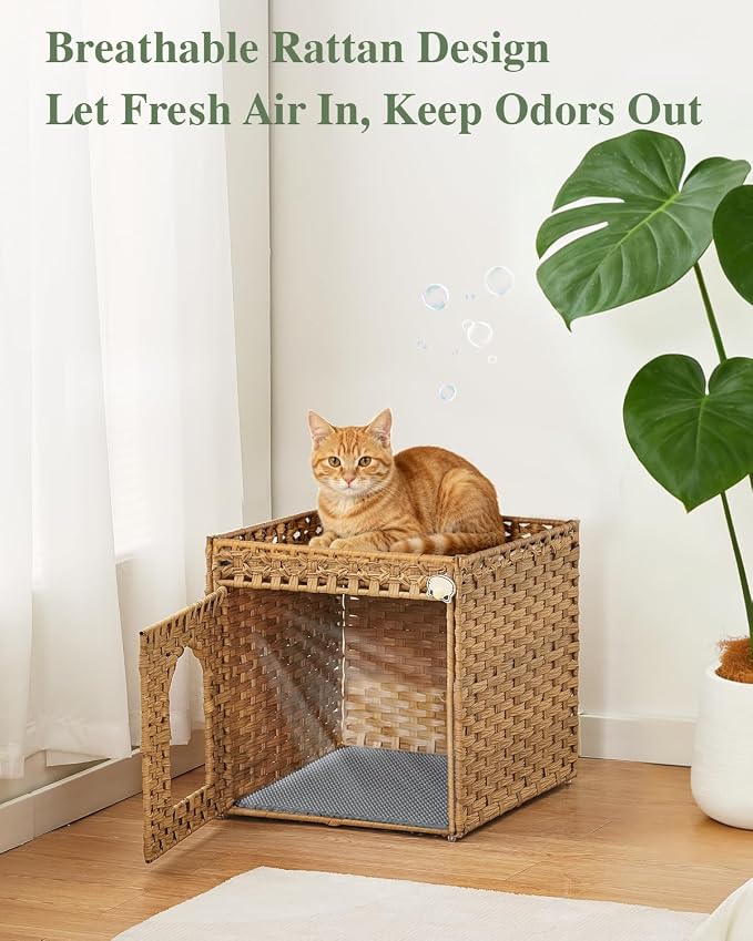 SETVSON Cat Litter Box Enclosure Furniture, Hidden Litter Box with Mat and Fence, Handwoven Rattan Cat House with Two S-Shaped Hooks for Living Room, Bedroom, 18.5 x 20.5 x 19.1 Inches (Natural)