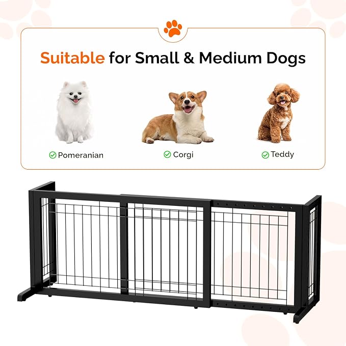 Bonnlo Free Standing Dog Gate, 37" - 68" Wide Pet Gate for Fireplace Stairs Doorways, Wooden Adjustable Pet Fence Indoor, Christmas Tree Gate (Black)