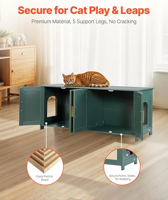 VEVOR Cat Litter Box Enclosure for Multi Cats, 47.2 in Hidden Litter Box Cabinet with 4 Rattan Doors & 2 Entries, Indoor Cat Washroom, Wooden Kitty House Furniture, Fit Most Litterboxes, Green