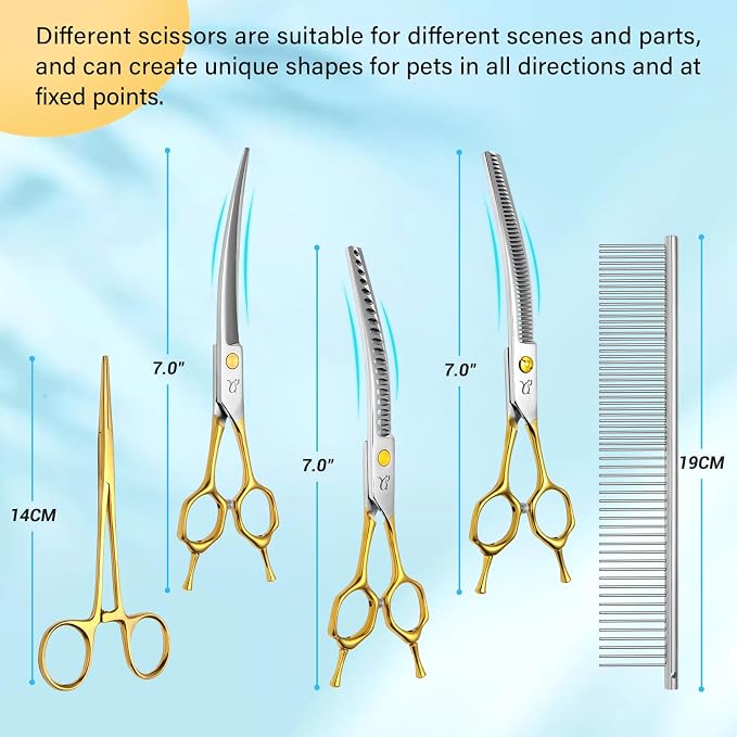 Dog Grooming Scissors,Curved Thinning Shears Curved Chunkers Shears with Safety Round Tips, Sharp and Comfortable 4 in 1 Dog Scissors for Grooming