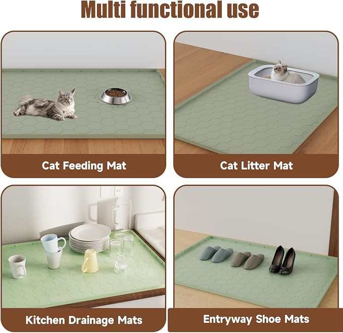 Cat Mat for Litter Box, 40" X 28" Large Silicone Cat Litter Trapping Mat, Waterproof Cat Litter Mat, Soft on Kitty Paws, Urine-Proof, Non-Slip Kitty Scratch Pad for Floor(Green)