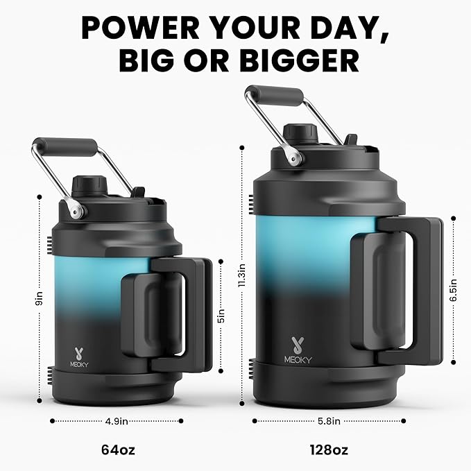 64 oz Insulated Water Bottle for Gym: Meoky Triple Wall Vacuum Stainless Steel Half Gallon Water Jug - Top and Side Handles, 2-in-1 Straw and Spout Lid, Cold for 36 Hrs, Leak Proof for Camping (Cyan)