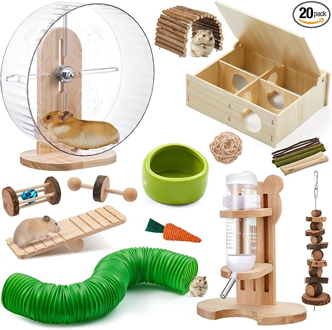 20 Pcs Hamster Toys Set, 16 Small Animal Chewing Toys, Maze Wood House, Silent Exercise Running Wheels and Water Bottle Set Feeding Bowl for Hamster Habitat Rat Cage Accessories(Green)