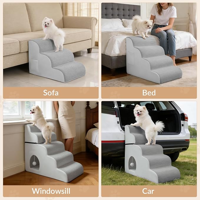 Dog Stairs for High Beds Up to 30" H with Tunnel,Extra Height 27.5" 5-Step Pet Steps for Small Dogs and Cats, Non-Slip Sturdy Dog Ramp with Anti-Tip Safety Strap and Removable Cover