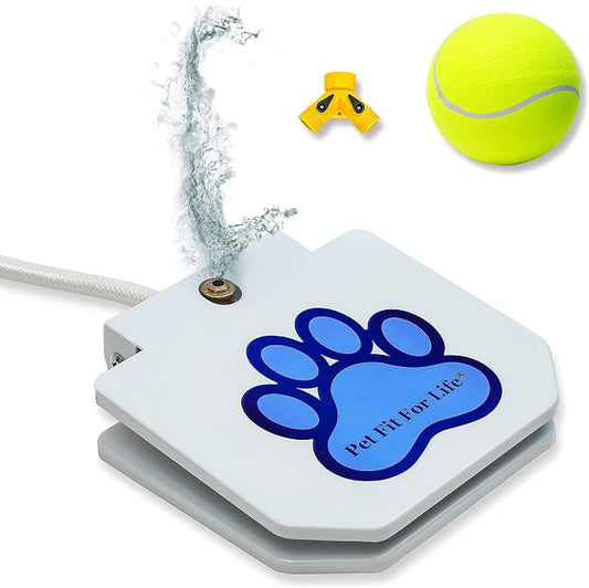 Pet Fit For Life Dog Pedal Water Fountain - Step-On Sprinkler, Drinking Water Hose Toy and Water-Play for Dogs, Includes Giant Tennis Ball