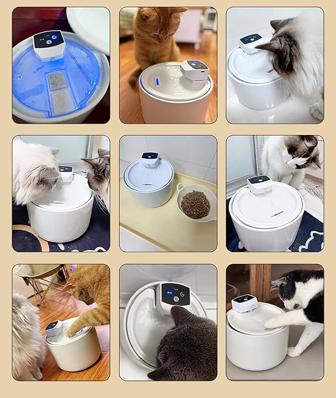 Cordless Ceramic Cat Water Fountain: 101.45oz/3L with 7 Filters Automatic Super Silent Intelligent Sensor Pet Drinking Dispenser with 2500mAh Battery Dog Water Bowl Dispenser (White)
