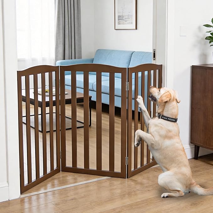 Freestanding Dog Gate Indoor,Doggie Gate Foldable Pet Gates for Doorways,Stairs or Hallways, Wooden Brown Pet Gate for the House, Pet Fence,32 "Height-3 Panels