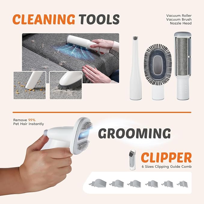 DUMOS Pet Grooming Vacuum Kit, 3 Adjustable Suction Modes Dog Hair Clipper, 5 Professional Grooming Tools with Low Noise Cat Hair Clippers, 2.5L, Ivory