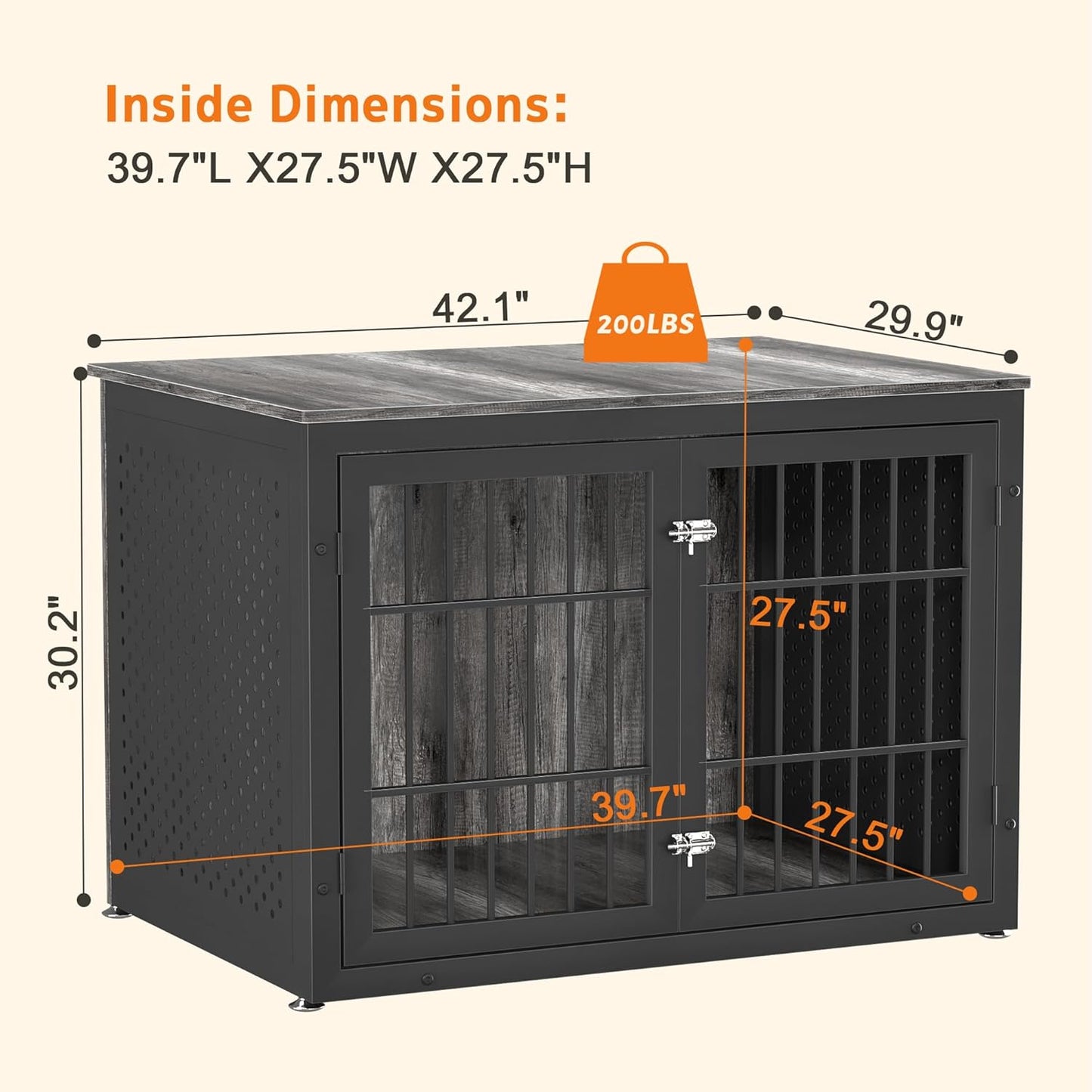 42" Heavy Duty Dog Crate Furniture for Large and Medium Dogs, Enclosed Design Wooden Metal Kennel, Wooden Cage Furniture Indoor, Decorative Dog Kennel End Table