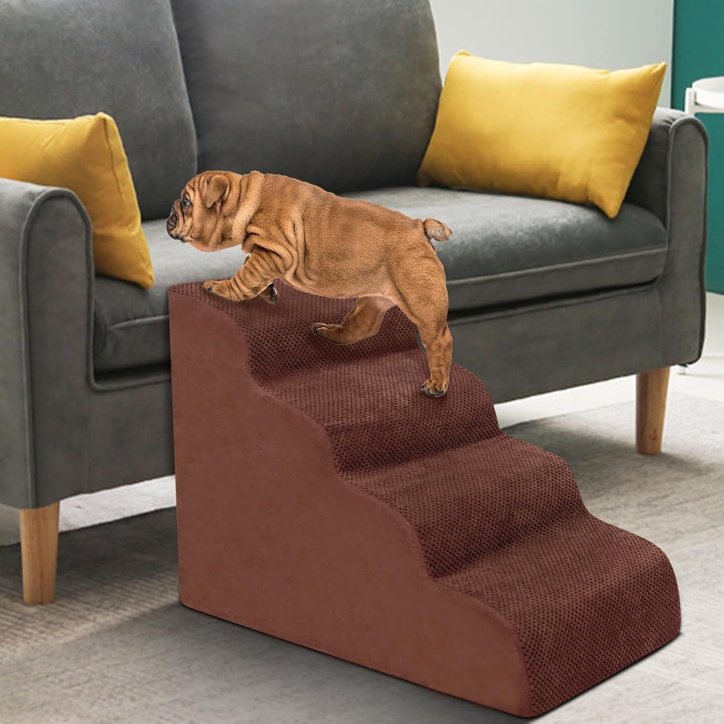 Dog Stairs for Small Dogs - High Density Foam Pet Steps, Extra Wide Dog Ramp with Non-Slip Bottom for High Beds, Couch and Sofa, Best for Dogs Injured, Older Doggy Cats,4 Steps, Brown