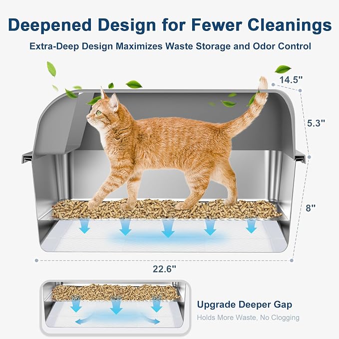 8" Deep Stainless Steel Sifting Litter Box for Pine Pellets, XL Stainless Steel Litter Box with Lid, Removable & Anti-Leakage, High Sides Metal Cat Litter Boxes for Big Cat, Non-Sticky, Easy Cleaning