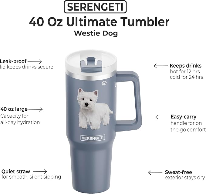 E&S Pets SERENGETI 40 Oz Ultimate Tumbler with Handle and Straw - Vacuum Insulated Tumbler with Straw and Lid - Stainless Steel Travel Mug for Pet Lovers - 3D Designs of your favorite Dog (Westie)