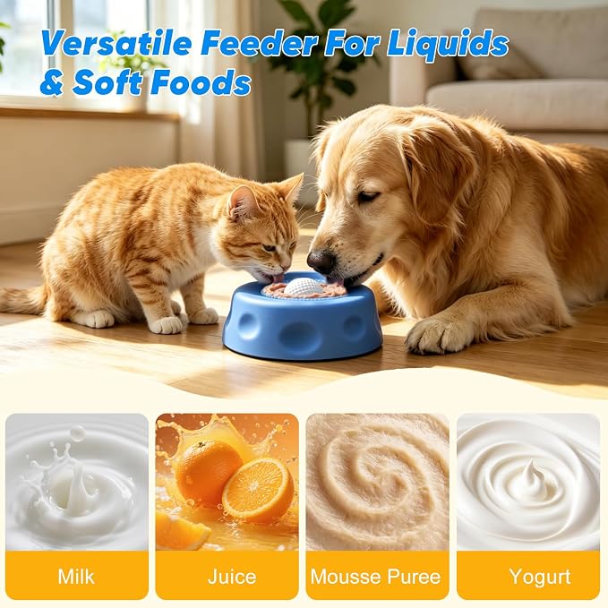 Dog Cat Lick Bowl with Rolling Ball, Slow Feeder Interactive Silicone Bowl with Suction Cup Base, Chew-Resistant for Wet Food & Treats, Easy Clean, 8.5oz/250ml, Blue