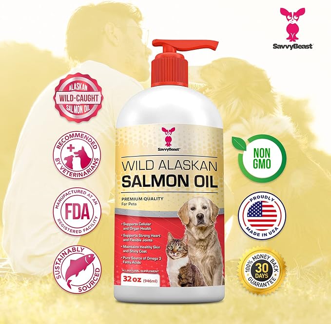 SavvyBeast Wild Alaskan Salmon Oil for Dogs, Cats & Ferrets - Pet Supplement Omega-3 Oil with EPA & DHA - Wild Caught Fish Oil Supports Skin, Coat, Joints, Heart, Brain, Itch Relief & Immune - 32 oz