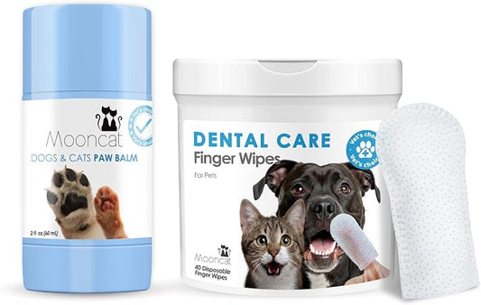 Mooncat Dental Finger Wipes and Paw Balm Bundle for Dogs and Cats - Plaque Tartar Remover Breath Freshener Plus Lick Safe Nose and Paw Moisturizer for Dry Cracked Pads 40 Count and 2oz