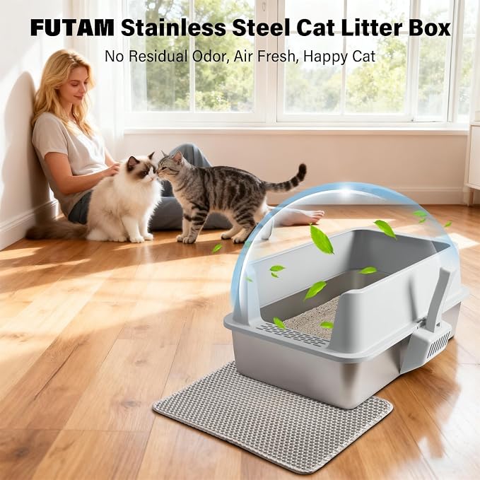 Stainless Steel Litter Box, Extra Large Litter Boxes for Kittens to Big Cats, XL Metal Cat Litter Box with High Sides Lid, Anti-Urine Leakage, Easy Clean, Non-Sticky, Includes Scoop & Mat