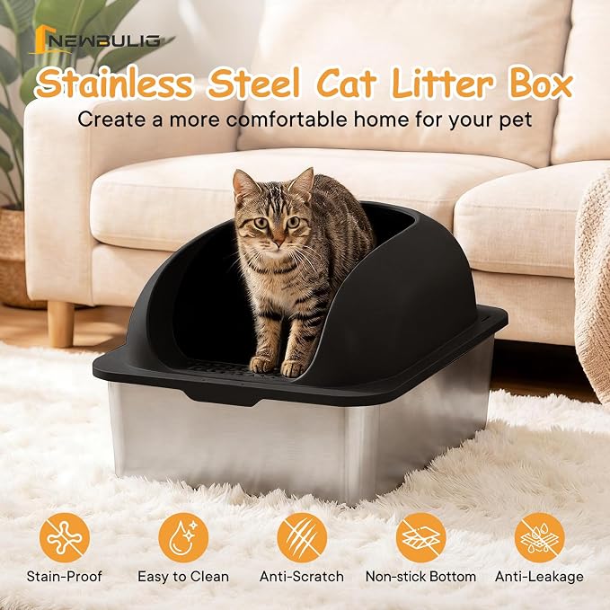 Extra Large Cat Litter Box with Lid, Stainless Steel Cat Litter Box with Scoop and Mat, High Walls for Anti-Urine Leakage, Easy Cleaning, Black