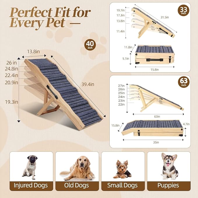 Dog Ramp for High Bed with Wave Design, Adjustable Height Pet Ramp 19"-26", Heavy Duty Dog Ramp for Couch Sofa, Portable Pet Stairs with Storage Bag & Non-Slip Pad for Medium Dogs