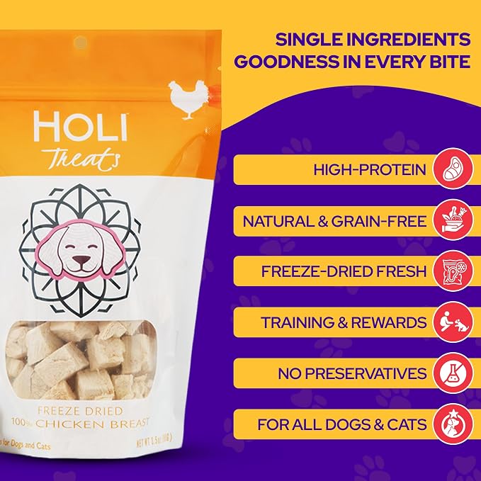 HOLI Freeze Dried Chicken Breast Dog Treats. Single Ingredient Freeze Dried Chicken Treats for Dogs. Healthy All Natural Dog Snack Made from 100% Breast Meat. High Value Training Treat. 7 oz