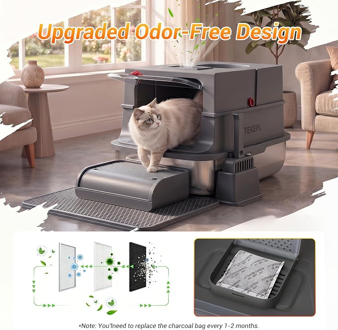 Cat Litter Box - Stainless Steel Litter Box with Lid for Large &Kitty,Enclosed Litter Box Includes Litter Scoop, Elevated Step Box, and Activated Carbon Pack, 23.6“ x 16.9” x 16", Dark Gray