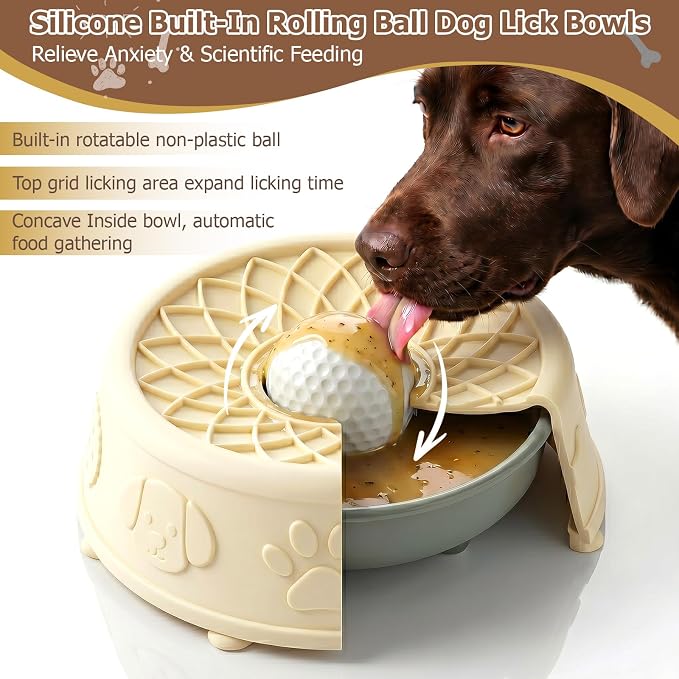 Dog Slow Feeder Lick Bowl with Rolling Ball for Liquid Treats, 2-in-1 Anti-Slip Silicone Dog Licking Bowl for Bone Broth with Suction Cup, Enrichment Lick Sphere Toy for Large Medium Dogs Cats (Beige)