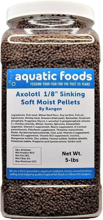 Axolotl Food 1/8" Soft Moist Sinking Salmon Pellets for Juvenile Axolotl Also Shrimp, Snails, Crabs, Crayfish, Bottom Tropical Fish...5-lb Lg Jar